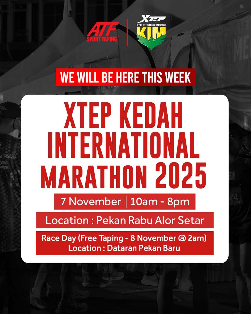 🏃‍♂️💥 3 marathons. 1 weekend. Infinite confidence.

Catch ATF Sport Taping at:
📍 Klang • Kedah • Johor (7–8 Nov)

Free taping, race-day deals &amp; pure runner energy 💪
#ATFSportTaping #PlayWithConfidence #RunMalaysia #ATFTape