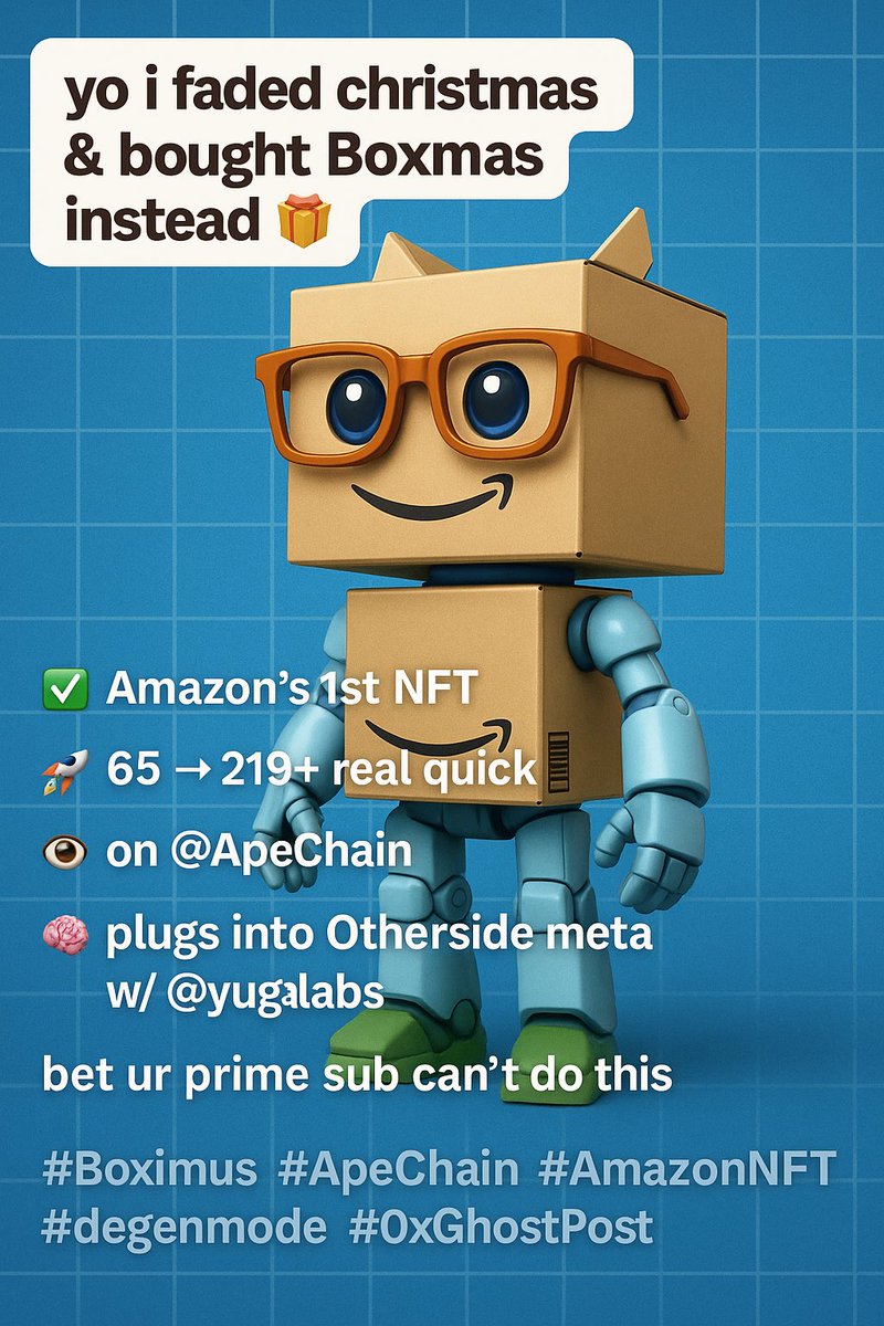 0xNightLab's tweet photo. 🟨 Just grabbed a Boximus — Amazon’s first NFT 🟩
📦 Minted for $65, now trading around $265 👀
📡 Powered by @apecoin on ApeChain
🌐 Compatible with @yugalabs @OthersideMeta
Amazon entering NFTs isn’t small.
It’s the Boxmas Era. 🎁
#Boximus #AmazonNFT #ApeChain #Otherside #YugaLabs #CTO