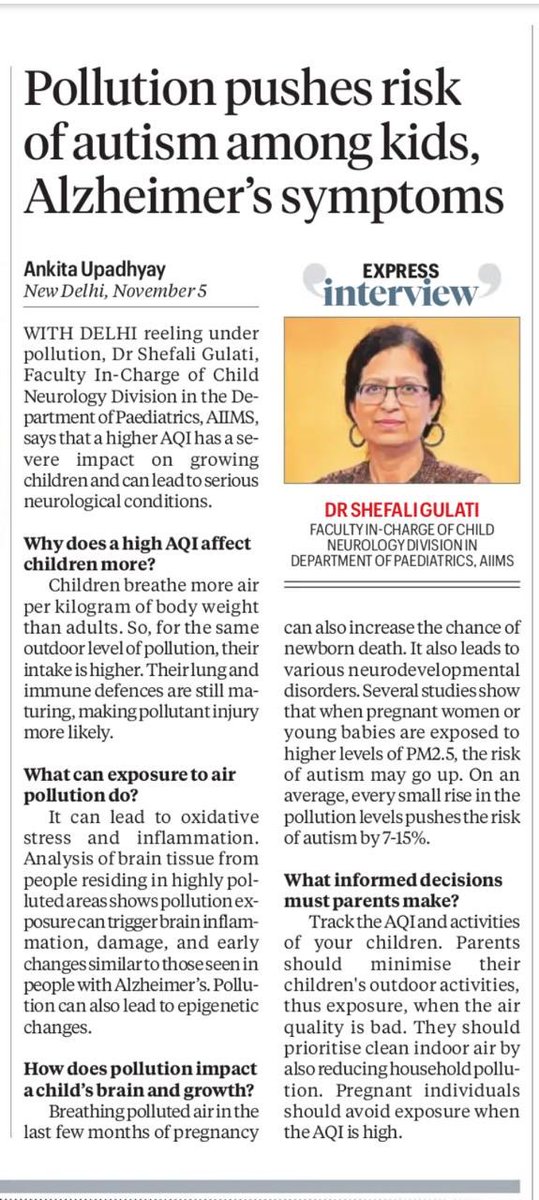 Delhi’s toxic air isn’t just choking lungs, it’s harming young brains. 
Dr. <a href="/GulatiSheffali/">Sheffali Gulati</a> <a href="/AIIMS_INDIA/">AIIMS</a> warns that children breathe more air per kg of body weight than adults, meaning their exposure to pollution is higher raising risks of Alzheimer’s like changes &amp; autism :(