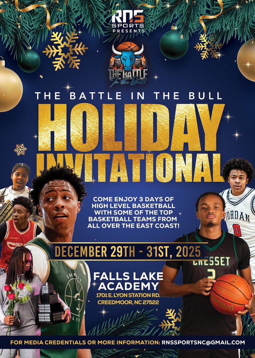 {PLEASE SHARE}

The Battle in the Bull Holiday Invitational INVADES The Triangle Area

🗓️December 29th-31st, 2025
📍Falls Lake Academy
🏧 $15/Day

16 Boys &amp; Girls Basketball Teams from 5 Different States will come to THE TRIANGLE to compete at a HIGH LEVEL‼️

⏰ 10am DAILY‼️🏀