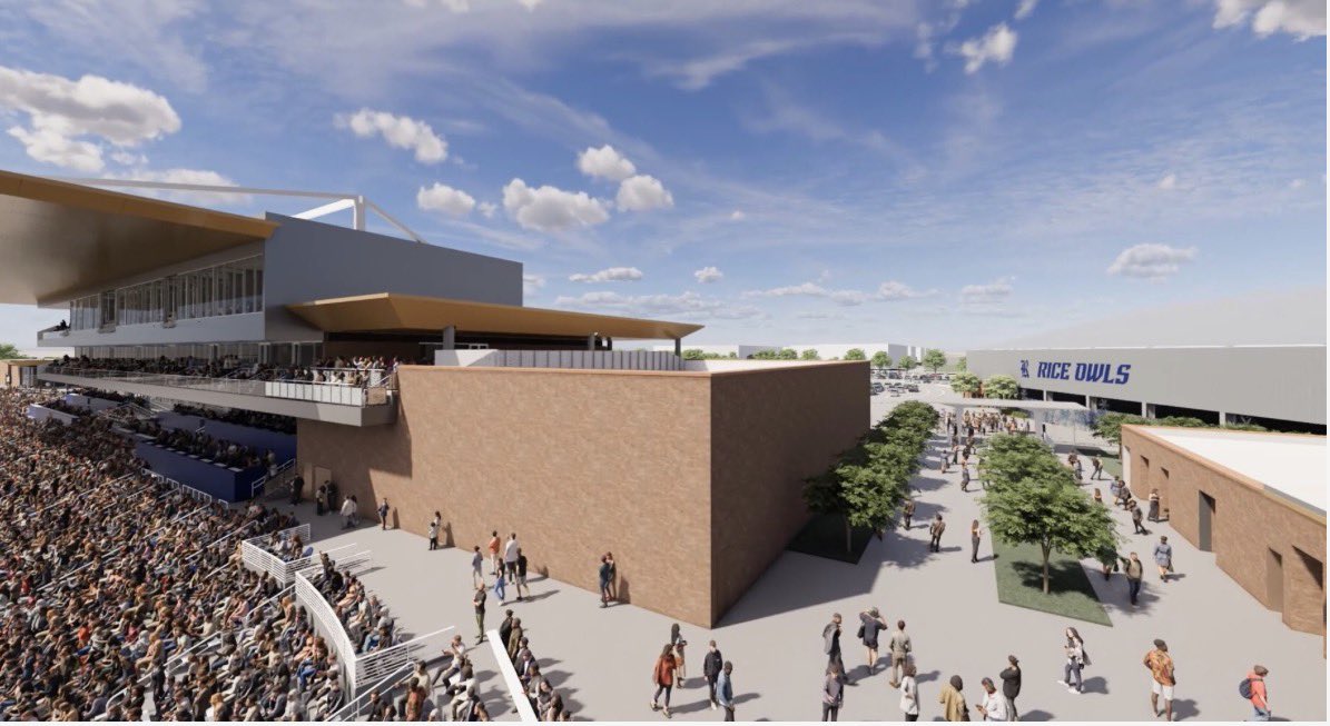 RiceOwlsVoice's tweet photo. Some more pics from the renderings. 14 suites will be added! And our new broadcast booth will be much lower and closer. 

🏟️ The new club level will be where much of the current concourse is on the home side. 

🏟️ About 3500-4000 seats will remain on the east side.

🏟️ The Pavilion will be next to the current practice field.