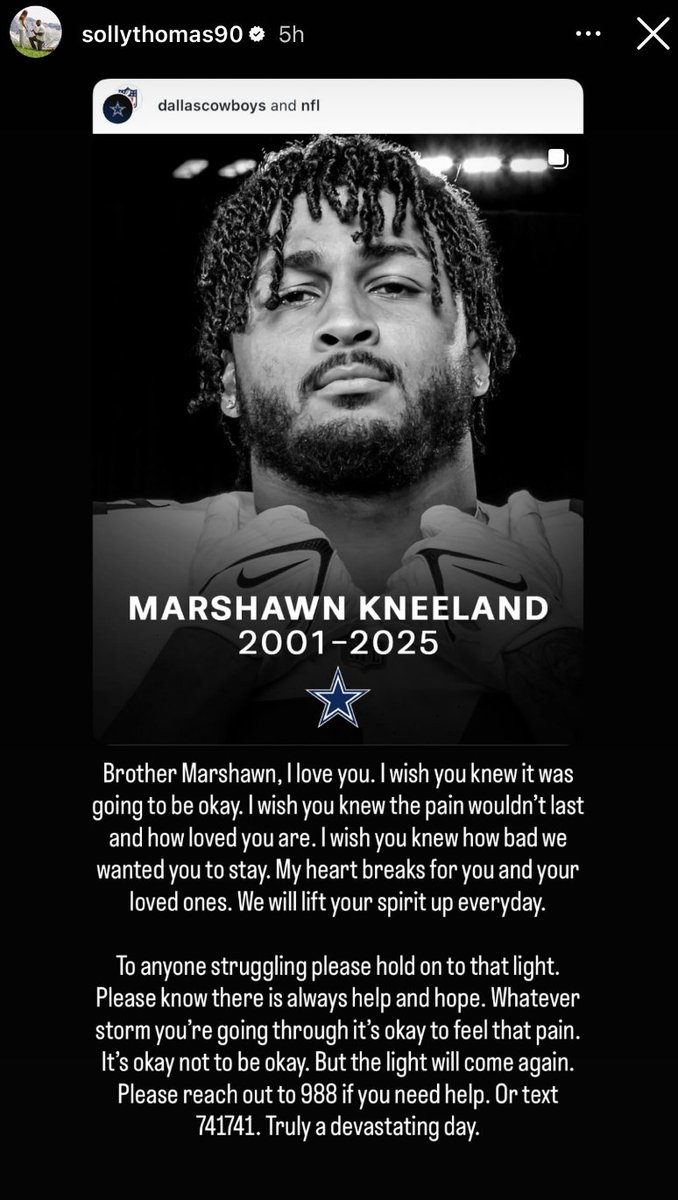 JoriEpstein's tweet image. “I wish you knew it was going to be okay. I wish you knew the pain wouldn’t last and how loved you are. I wish you knew how bad we wanted you to stay.”

Powerful words from Cowboys DT Solomon Thomas on the loss of Marshawn Kneeland:
