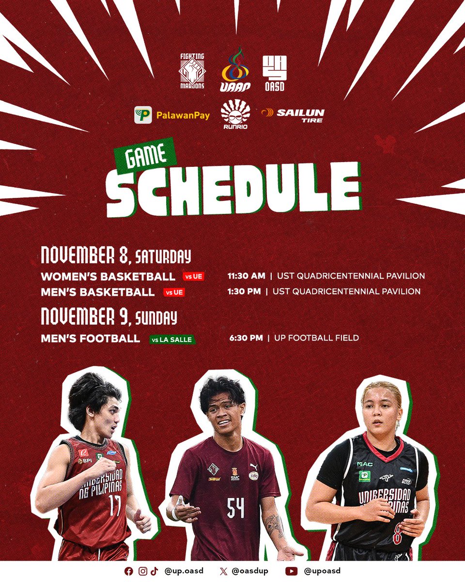 With points to prove, the UP WBT look to bounce back, while the maroon-hot UP MFT and UP MBT fight to keep their streaks alive this #UAAPSeason88 ✊

Our #SugodUP, #LabanUP, and #UPFight are powered by Palawan Pay, RUNRIO Inc., and Sailun Tire.