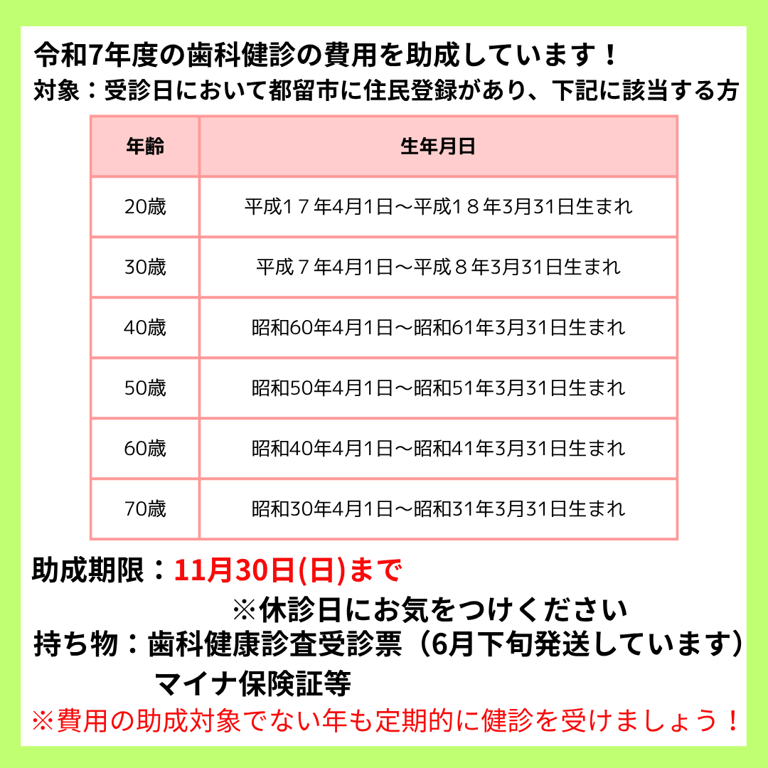 TsurucityKouhou's tweet image. 歯周病予防を行うことは歯の健康だけでなく糖尿病、心筋梗塞、脳梗塞などの病気の予防にも繋がります。
日頃からの正しいケアと定期的な歯科健診が大切です。
健診費用の助成は11月30日までです。
余裕を持ってぜひこの機会に歯科健康診査を受けましょう！
【健康づくり担当】#歯科健診 #都留市