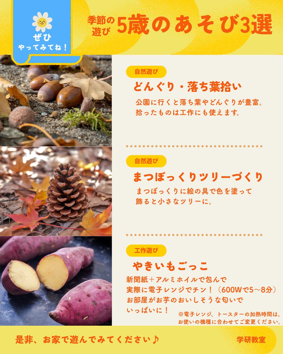 【5歳さんが楽しめる11月の季節遊び🍁】

どんぐり・落ち葉ひろい、まつぼっくりツリー、焼きいもごっこなど、秋ならではの遊びが盛りだくさん。
自然素材に触れながら、五感で季節を感じられる時期です🍂