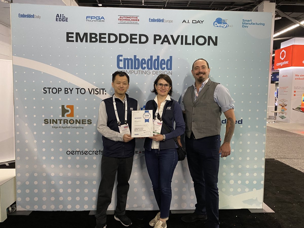 ST_World's tweet image. #EmbeddedWorldNA: we are glad to be honored with a “Best in Show” award for the LSM6DSV320X MEMS Inertial Measurement Unit. 🏆 
Judges from Embedded Computing Design recognized the innovative product in the #MEMS &amp;amp; Sensors category.
More here: spkl.io/6018AwYAa
#EWNA25