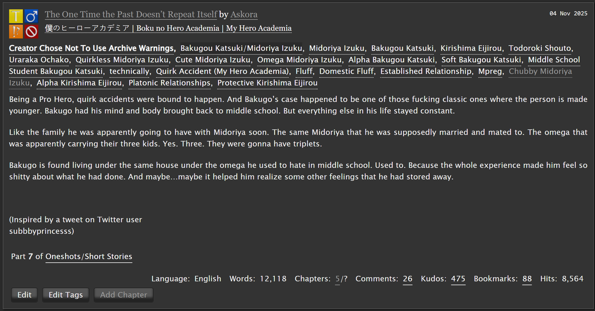 _Askora_'s tweet photo. Some recently updated fics since I was sick!
Couldn't do much than write

Saving a Hero (KrBkDk, PH KrBk, Tall Chubby Dk)

The One Time the Past Doesn't Repeat Itself (BkDk, A! Bkg, Chubby O! Dk)

Injuries and Bunnies (KrBkDk, A! KrBk, Chubby O! Dk) https://t.co/8QgYi4a7QS