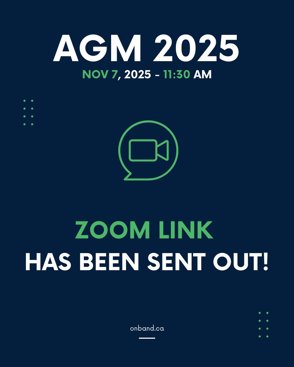 The Zoom link for tomorrow's  AGM has been sent out to all OBA members! If you are a current OBA member, are interested in attending the AGM via Zoom, and have NOT received the link via email (please check your spam!), please reach out to communications@onband.ca ASAP. (1/2)