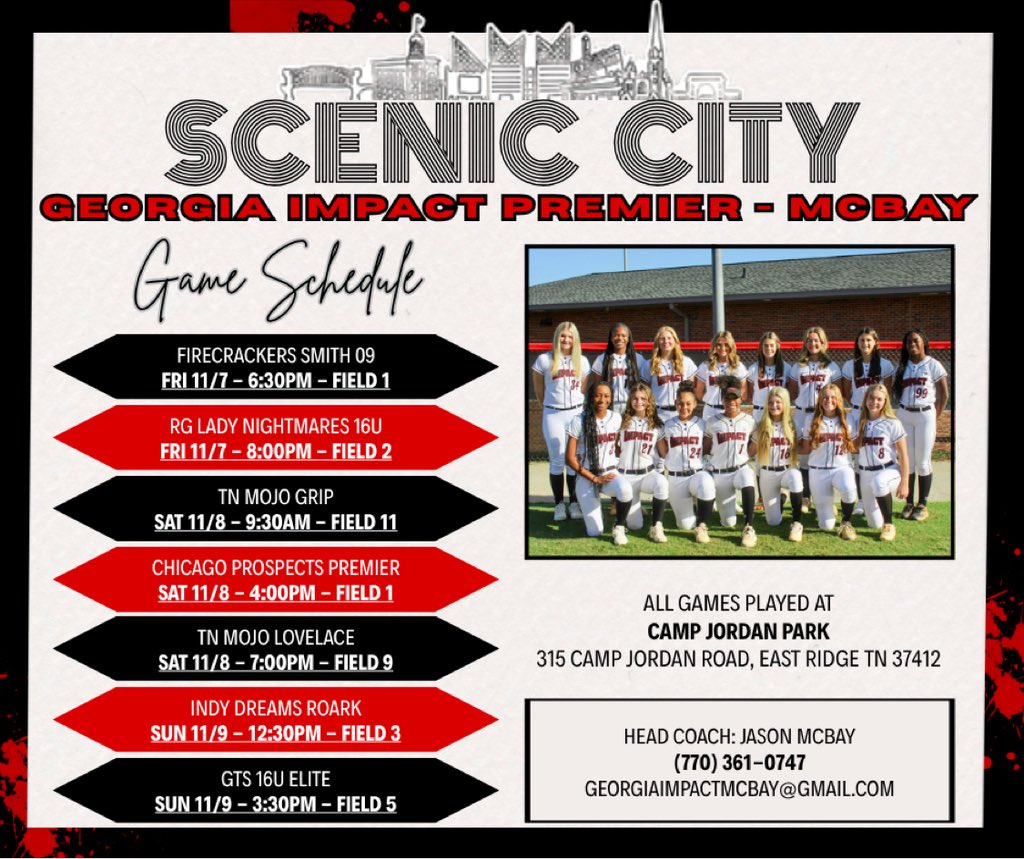 Come check us out this weekend at scenic city! Looking forward to an amazing fall season with <a href="/GAImpactMcBay28/">Georgia Impact Premier McBay</a>! Here’s our schedule!
<a href="/UGACoachTony/">Tony Baldwin</a> <a href="/Syd_finch/">J.T. D’Amico</a> <a href="/CoachJ34/">Brittany Johnson</a> <a href="/CoachPerkinsSB/">Sharon Perkins</a> <a href="/Coach_A_Mo/">coacн мoraleѕ</a>