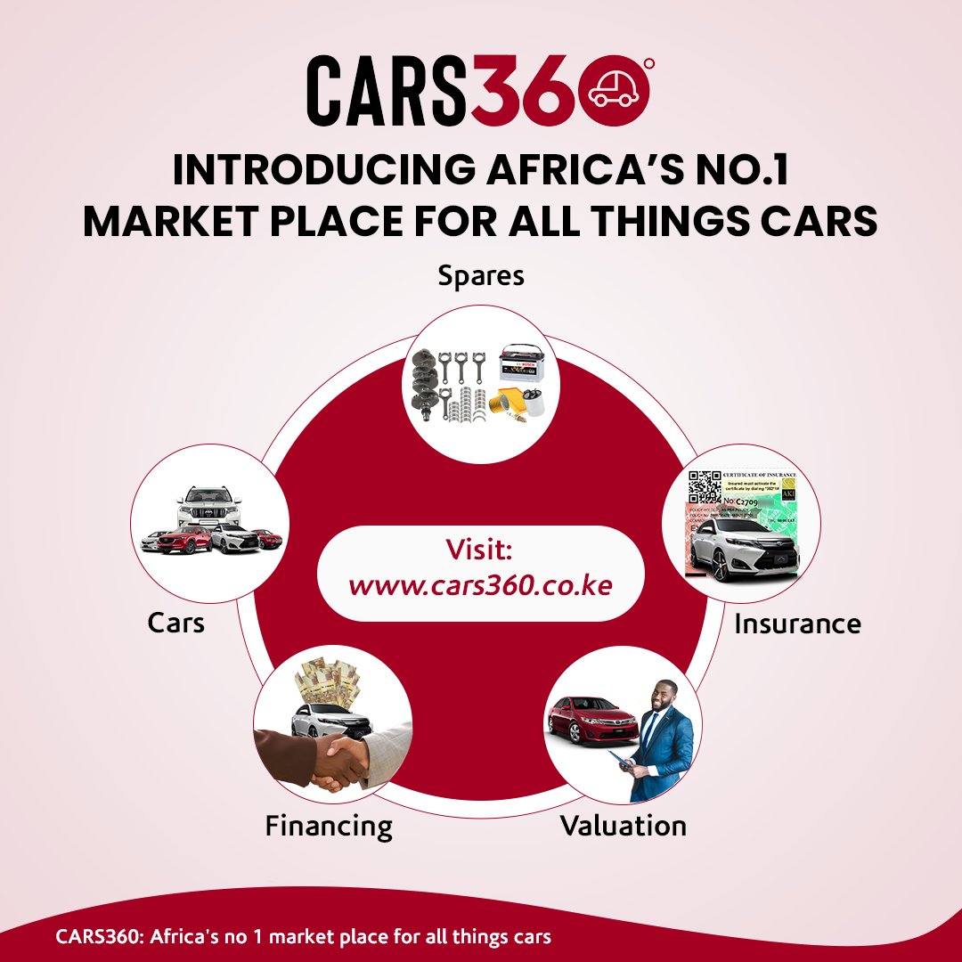 Introducing Africa's No.1 marketplace for all things cars.
Welcome to CARS360!
Buy, sell, upgrade, finance, insure &amp; track your car all under one roof.
Visit cars360.co.ke &amp; discover a whole new world of motoring.
CARS360: Africa’s No.1 Marketplace for All Things Cars