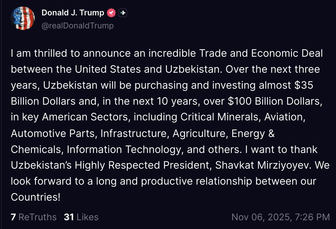 faststocknewss's tweet image. Trump: I am thrilled to announce an incredible Trade and Economic Deal between the United States and Uzbekistan. Over the next three years, Uzbekistan will be purchasing and investing almost $35 Billion Dollars and, in the next 10 years, over $100 Billion Dollars, in key American…