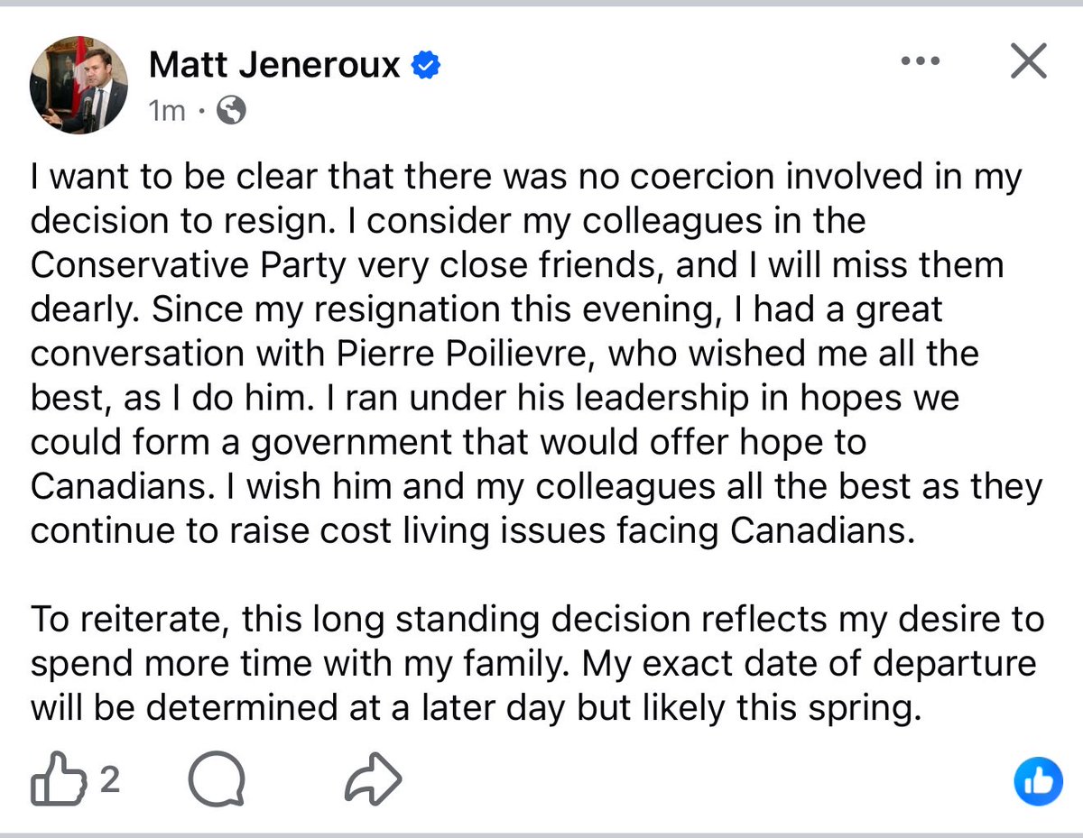 NEW: Edmonton MP Matt Jeneroux says there was “no coercion or pressure” in his decision to resign from the Conservative caucus, adding it was a long-standing personal choice to spend more time with family.