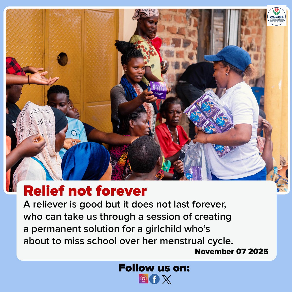 lifereachUg's tweet photo. Relief is not forever. A reliever is good, but not enough. Who will rise to create a permanent solution? A girl child is about to miss school because of her menstrual cycle — not for lack of will, but for lack of support. Let’s act now. #DignityForHer #AGiftThatCommunicates https://t.co/qtdIodjmBO