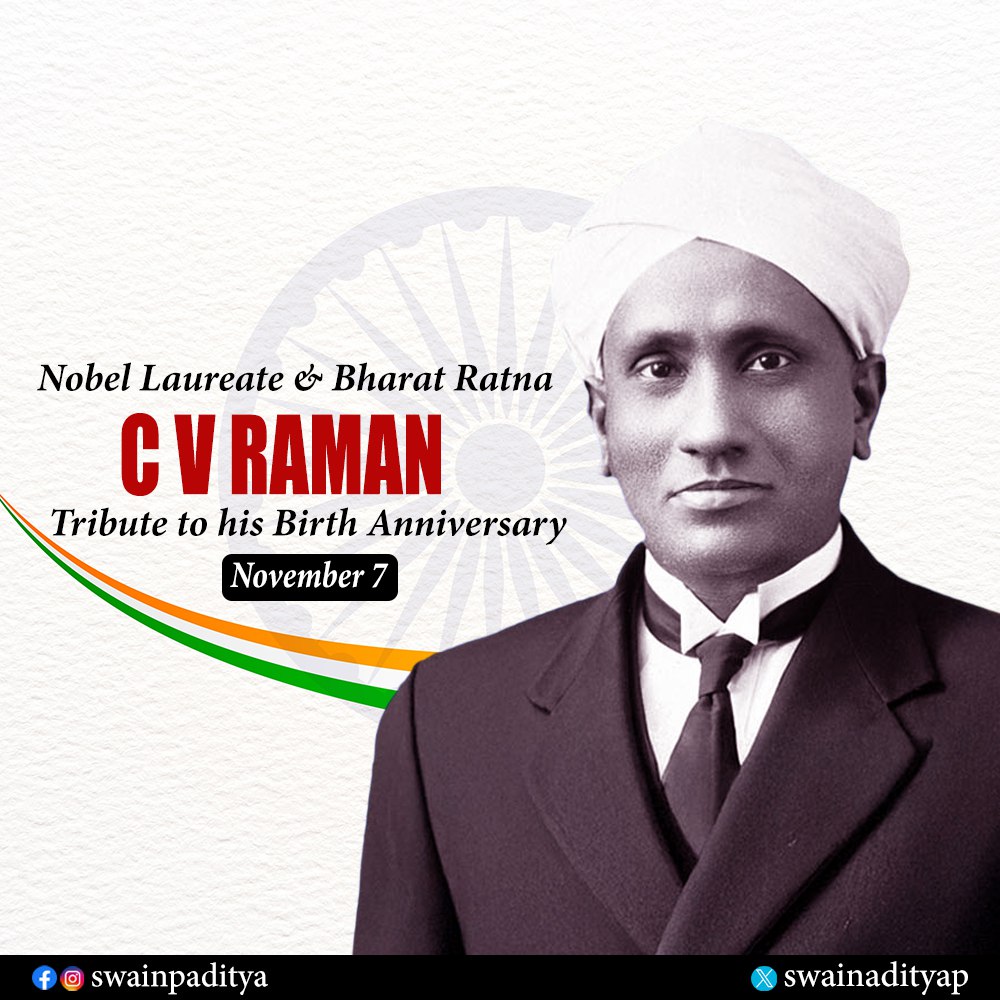 swainadityap's tweet image. A respectful tribute to Bharat Ratna awardee C.V. Raman on his birth anniversary. In 1930, he became the first Asian to win the Nobel Prize in Physics. His groundbreaking work in light scattering, which showcased India&apos;s scientific brilliance, will always be remembered.