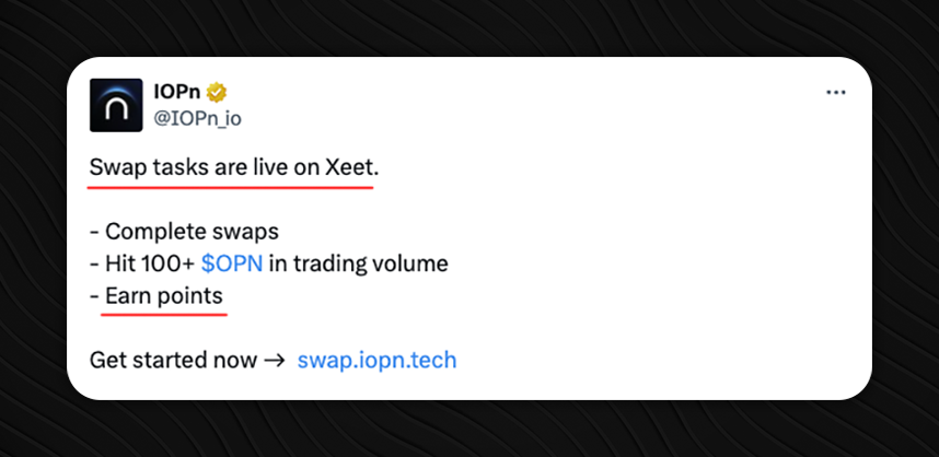 qkldysq's tweet image. IOPn测试网兑换任务上线了，可以撸点积分玩玩。操作流程很简单：

1. 先领测试币：
   
- 去官方水龙头领OPN代币
   - 链接：faucet.iopn.tech

2. 做兑换任务：

   - 在测试网swap页面操作
   - 累计交易量满100 OPN即可
   - 可以分多次完成

3. 积分查看：

   - 需要先注册Xeet平台
   -…