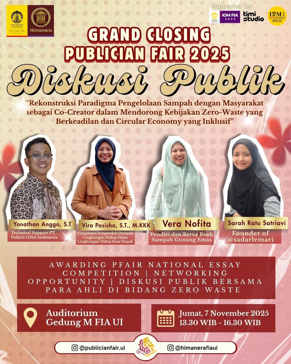 ui_event's tweet image. Hi, Impact Makers! 👋🤩

Gak kerasa Grand Closing &amp;amp; Public Discussion Publician Fair 2025 udah bentar lagi nih! 😱

📌 Amankan tempatmu sekarang dengan mengisi formulir pendaftaran!
bit.ly/Diskusi_Publik…

Sampai ketemu di Hari H, Impact Makers! 😆‼

HIMANERA FIA UI