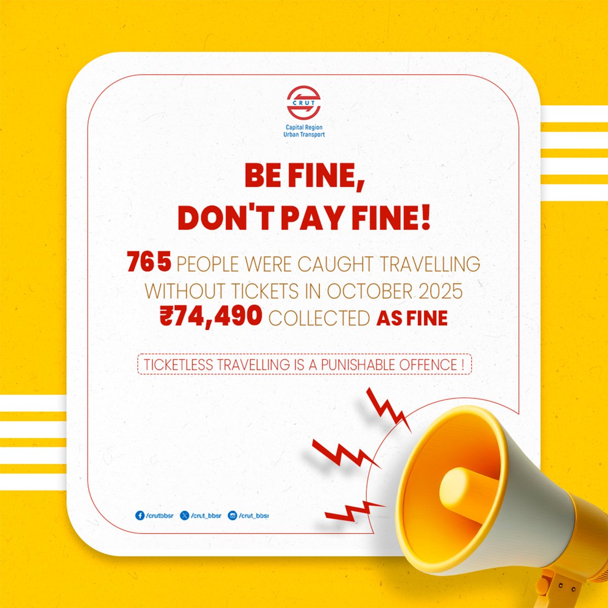 CRUT_BBSR's tweet image. ଜୋରିମାନାଠୁ ଦୂରେଇ ରୁହନ୍ତୁ। 
ବିନା ଟିକେଟରେ ଯାତ୍ରା କରୁଥିଲେ, ଆପଣଙ୍କୁ ଟିକେଟ ମୂଲ୍ୟର ୧୦ଗୁଣ କିମ୍ବା ୫୦୦ ଟଙ୍କା ପର୍ଯ୍ୟନ୍ତ ଜୋରିମାନା ପଡ଼ିପାରେ।

Avoid fines,Travel responsibly!
Please purchase ticket &amp;amp; keep it handy till you alight.If found ticketless,you will be fined 10× the fare or Rs. 500.