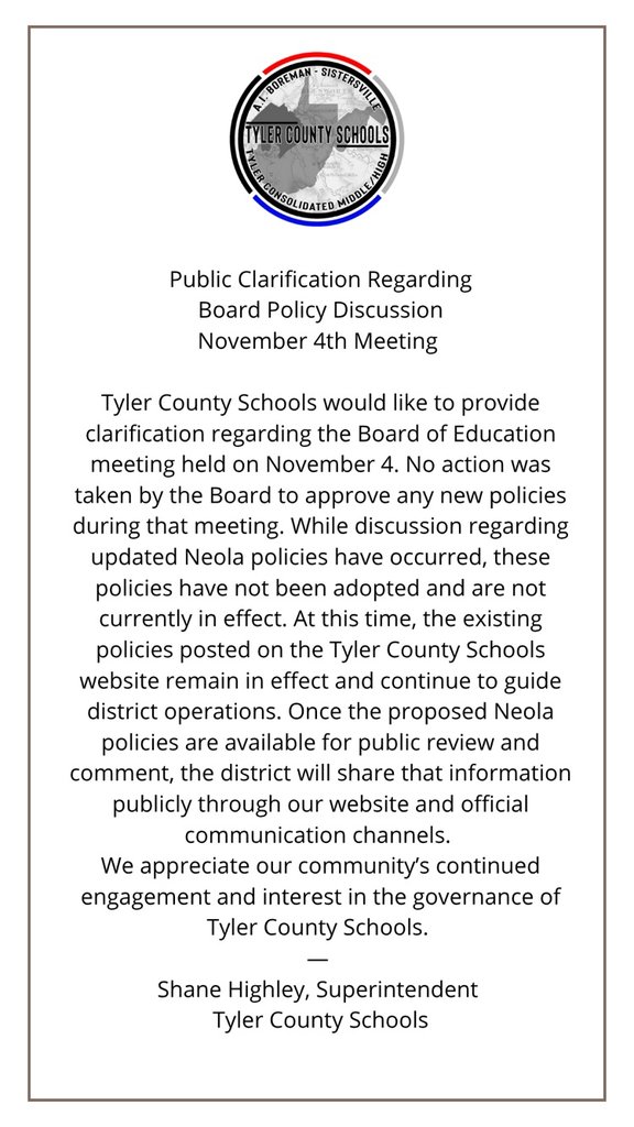 TylerCoSchools's tweet photo. Please see the attached memo from Shane Highley, Superintendent of Tyler County Schools. https://t.co/UPt0DFW2XP