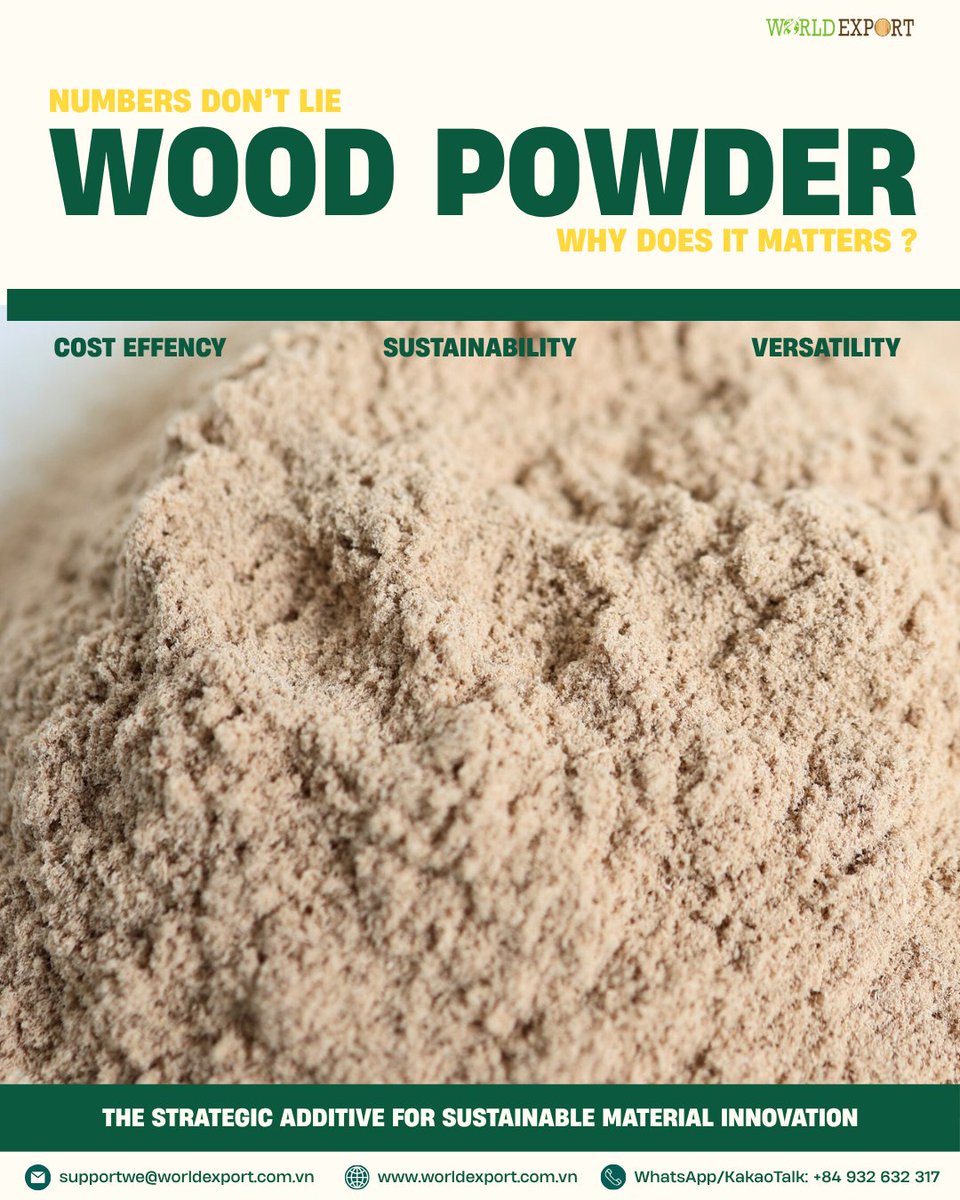 WorldExport_VN's tweet image. Wood powder - crafted from natural wood - is a green material for manufacturing, especially in WPCs. With fine size (≤1mm) and moisture ~10%, it delivers durable, smooth, and eco-friendly results. #WoodPowder #WPC #GreenMaterials #EcoInnovation