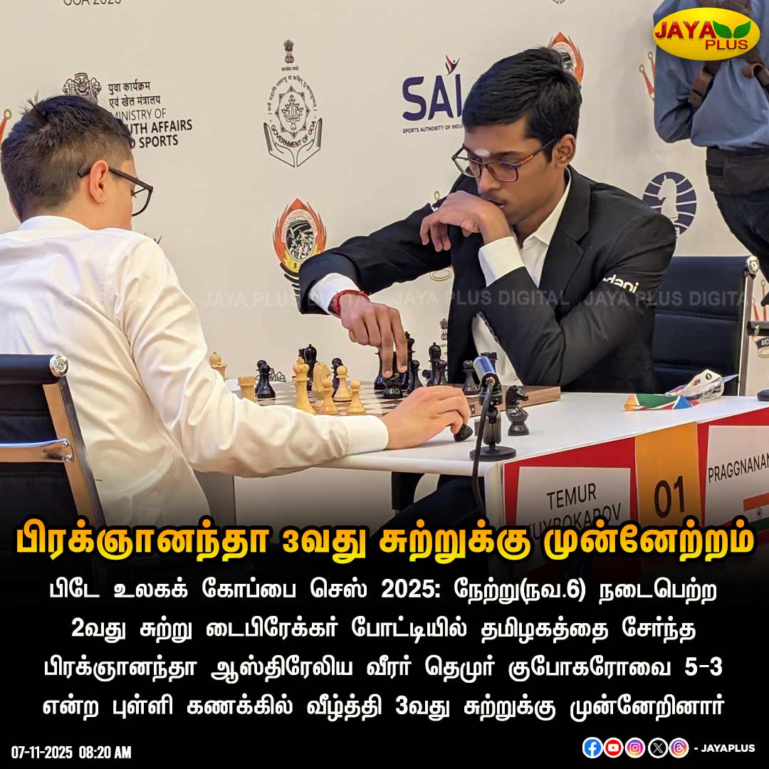jayapluschannel's tweet image. பிரக்ஞானந்தா 3வது சுற்றுக்கு முன்னேற்றம்

#FIDEWorldChess #Chess #Goa #ChessWorldCup #Pragyananda #Victory #Sports #JayaPlus