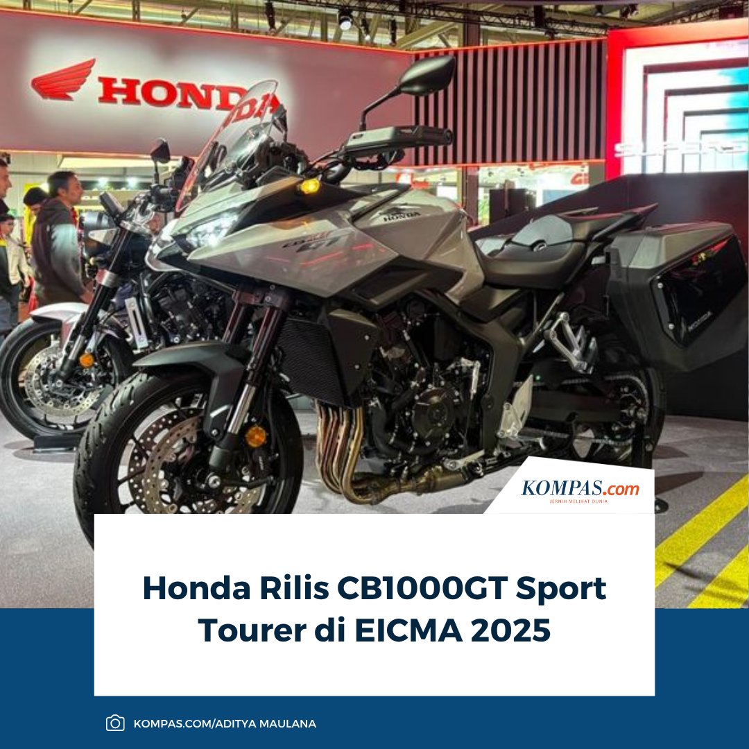kompascom's tweet image. Honda resmi memperkenalkan perdana secara global model terbarunya, CB1000GT, di ajang EICMA 2025 (Milan Motorcycle Show) yang berlangsung pada 4–9 November di Milan, Italia.

Baca Selengkapnya 👇🏻
otomotif.kompas.com/read/2025/11/0… 

~NA #Honda #CB1000GT #EICMA2025