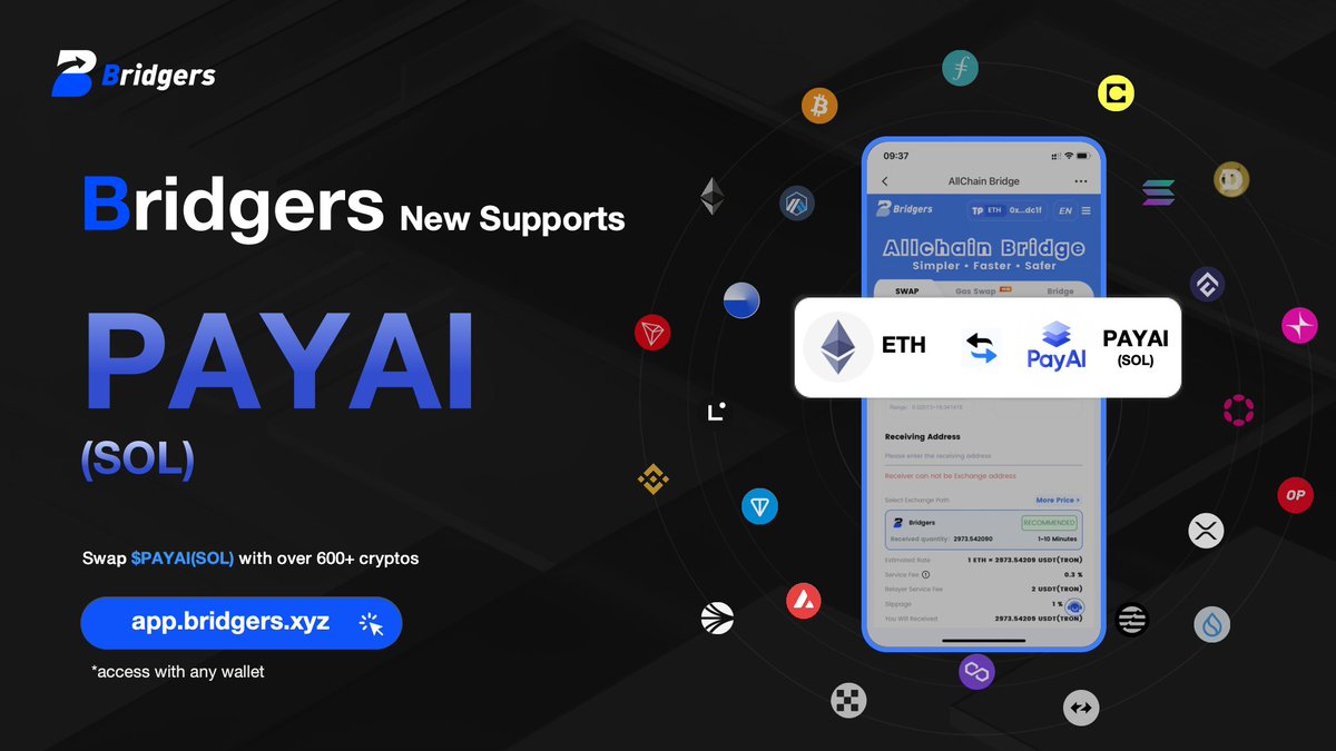🚨 New on #Bridgers! 🚨

We’ve just added support for seamless cross-chain swaps of $PAYAI(SOL)! <a href="/PayAINetwork/">PayAI Network | x402 Facilitator</a> 🌐💥

⚡️ Easily swap $PAYAI(SOL) with #Bitcoin, #Ethereum, #BNBChain, #TRON, and 600+ cryptos across 50+ chains in just a few clicks.

Experience smooth and secure