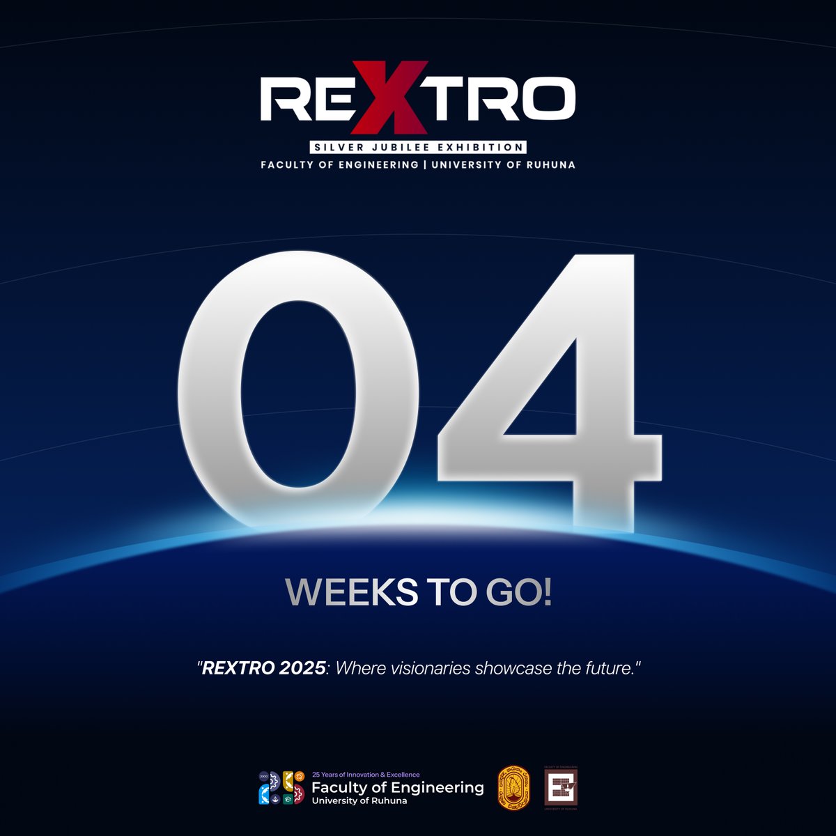 ReXtro2025's tweet image. Only 4 weeks to go! 🚀✨

The countdown to REXTRO 2025 is on — where innovation, creativity &amp;amp; engineering brilliance unite! ⚙💡

Join us at the Faculty of Engineering, University of Ruhuna for 25 years of excellence! 🎉

#25YearsOfEngineering #EfacUOR #Rextro25