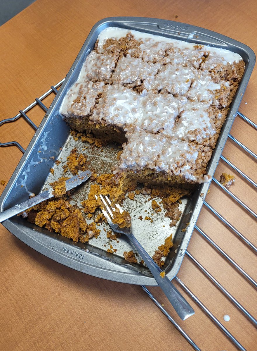 I was working up the courage to ask her out for some brunch, just to watch her walk and hold hands with some other guy from the football game into a diner.

Pumpkin coffee cake with layered crumbs and a medium heavy glaze pasted over.