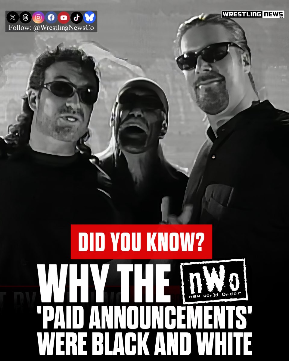 WrestlingNewsCo's tweet photo. Did you know that the nWo "paid announcements" were a storyline device intended to portray the group as a separate entity interrupting the broadcast? During the group's early period, WCW programming would be interrupted by grainy, black-and-white vignettes that began with the phrase, "The following announcement has been paid for by the New World Order". This was designed to present the nWo as an outside force with its own funding, which was later explained in kayfabe by their "financial supporter," Ted DiBiase. These segments also allowed producers to edit Hulk Hogan's promos into the shorter "sound bite" format used by Scott Hall and Kevin Nash.