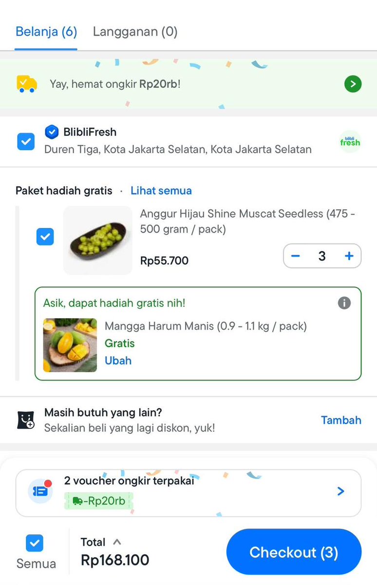 💚 eh coba cek bliblifresh dehh lumayan banget belanja banyak potongan trus dapet free mangga harum manis 1kilo mayan banget

blibli.onelink.me/aFLN/tanyakanr…