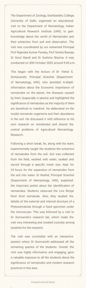 The Department of Zoology,organised an educational visit to the Department of Nematology, <a href="/iaripusa1/">IARI Pusa New Delhi</a> , to gain knowledge about the world of Nematodes and their extraction from soil and observation.....