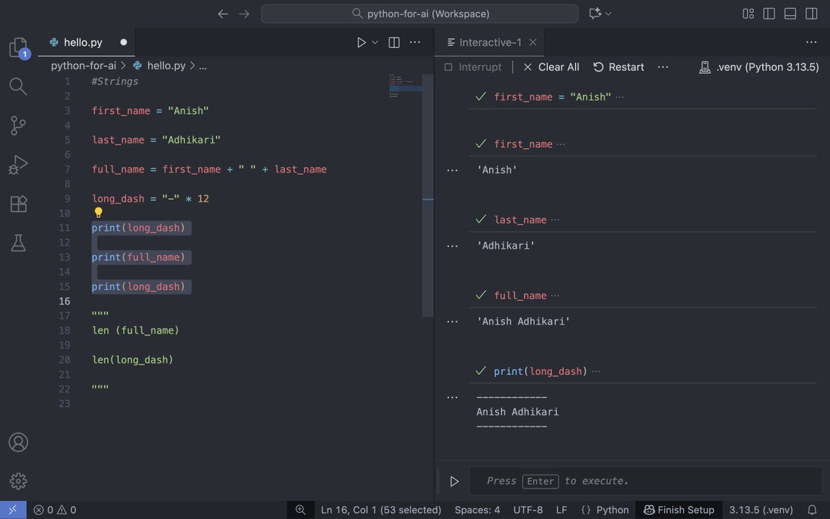 iAnishAdhikari's tweet photo. Day 2 of learning #Python for #AI 🧠🐍

Today’s takeaways 👇

✅ Fundamentals of Python #Programming
✅ snake_case naming
✅ Indentation rules
✅ Comments (#, """ """)
✅ #DataTypes – #int, #float, #string
✅ #StringManipulation basics

 #PythonLearning #AIJourney https://t.co/Yq0KoS5lEt