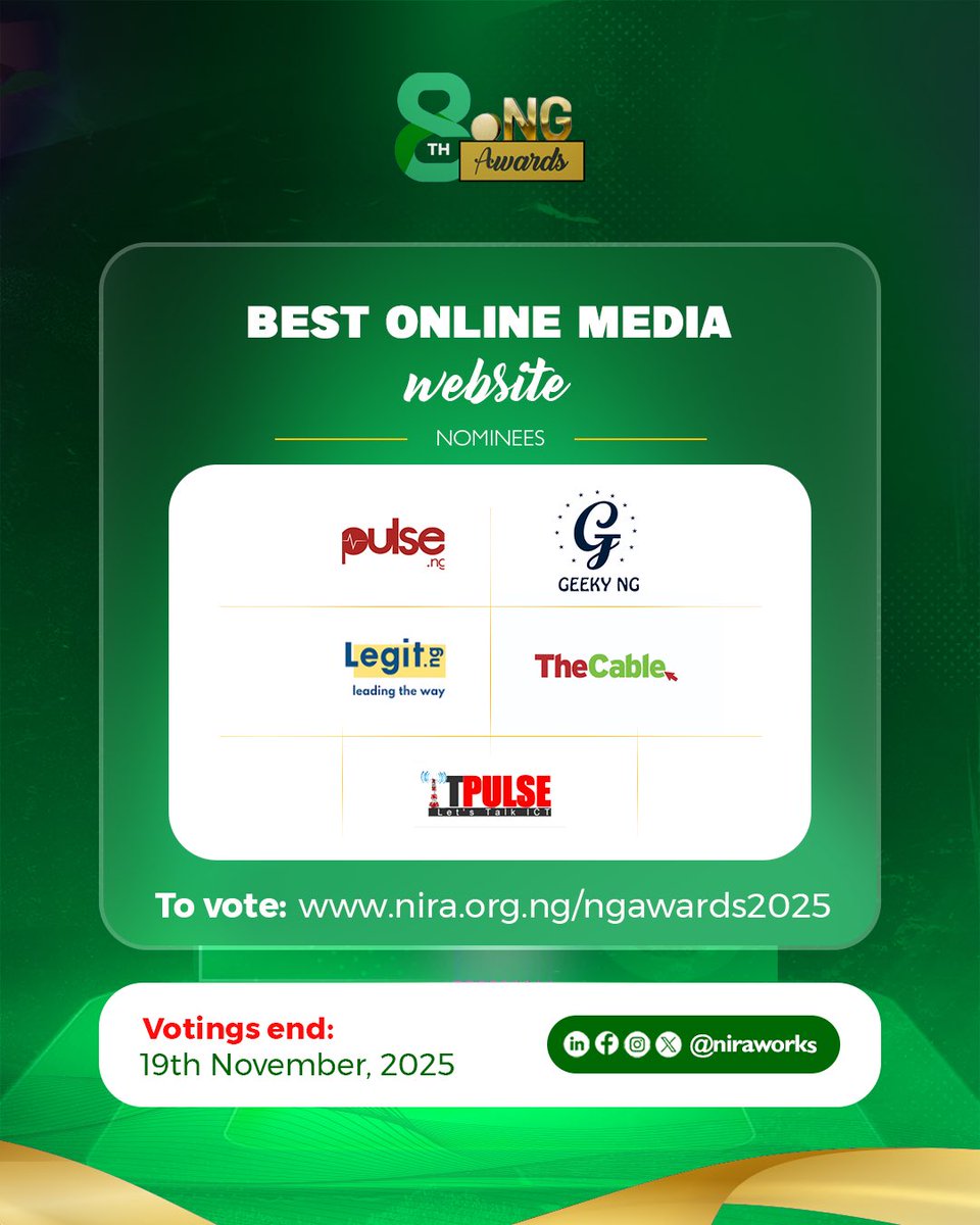 niraworks's tweet image. These organizations are shaping Nigeria’s digital media landscape through local content.

Meet the nominees for Best Online Media Website: @PulseNigeria247, @geekynig, @legitngnews @thecableng, and IT Pulse. 

Vote  favorite media platform 
nira.org.ng/ngawards2025