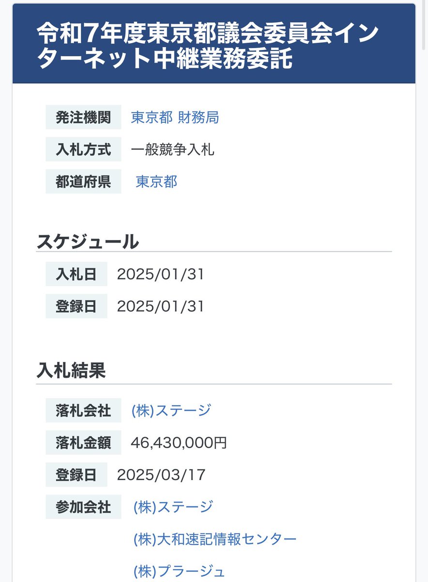 東京都に情報を出して頂けなかったので
うちの東京都版DOGEチームで調べました

東京都のインターネット中継は
年間4,643万円で(株)ステージに業務委託して
同接はたったの3,000人まで

6ヶ月間だけ2万同接に増やすと
サーバーの容量にも影響し
年間500万の予算が増えるとのこと