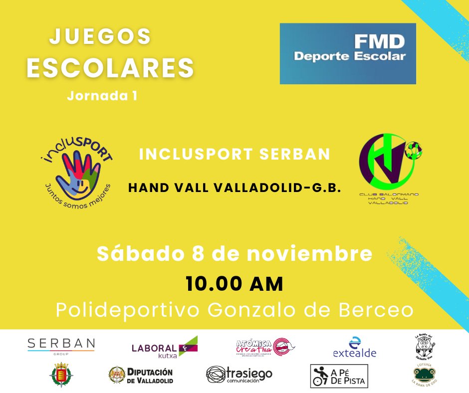 🤩¡¡¡Mañana comienzan los #JuegosEscolares!!!

👉#InclusportSerban disputa su primera jornada de la temporada 25/26 frente al equipo de <a href="/HandVall/">Hand Vall Valladolid</a> #Valladolid🤾‍♂️

¡EMPEZAMOS! Ven a vernos😉

🆚Hand Vall
🗓️8 noviembre
🕙10 horas
📍Gonzalo de Berceo
#Inclusport #Handball #Balonmano