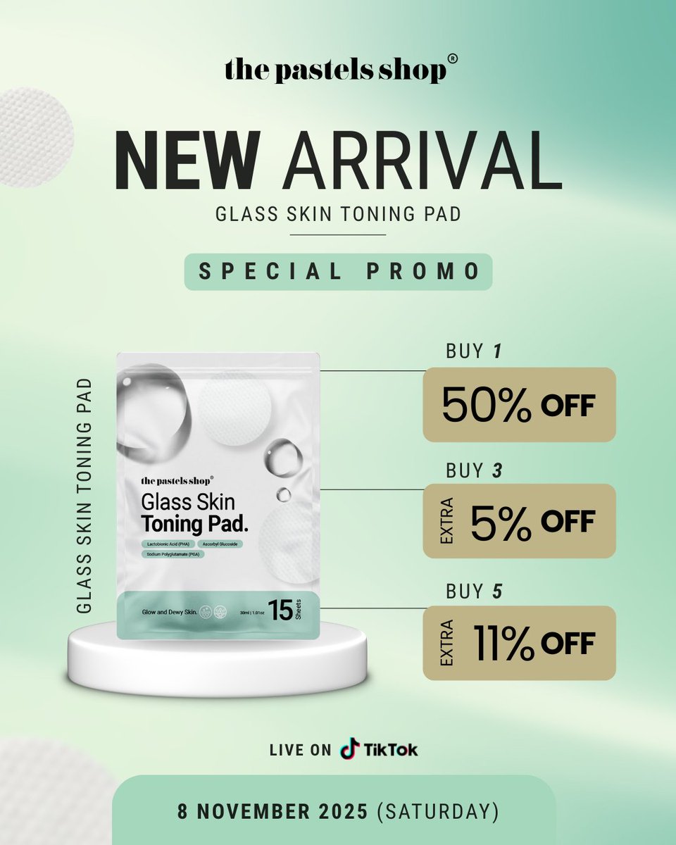 thepastelsshop's tweet image. ✨ Pre-Hype 11.11 is here!
We’re launching the new Glass Skin Toning Pad 💧
Hydrate, exfoliate &amp;amp; brighten dull skin for that glass skin glow!

🎥 Live on TikTok | 8–9 Nov, starts at 8.30AM
Exclusive promos awaits only during Live! 🎁

Join our live here ⤵️…