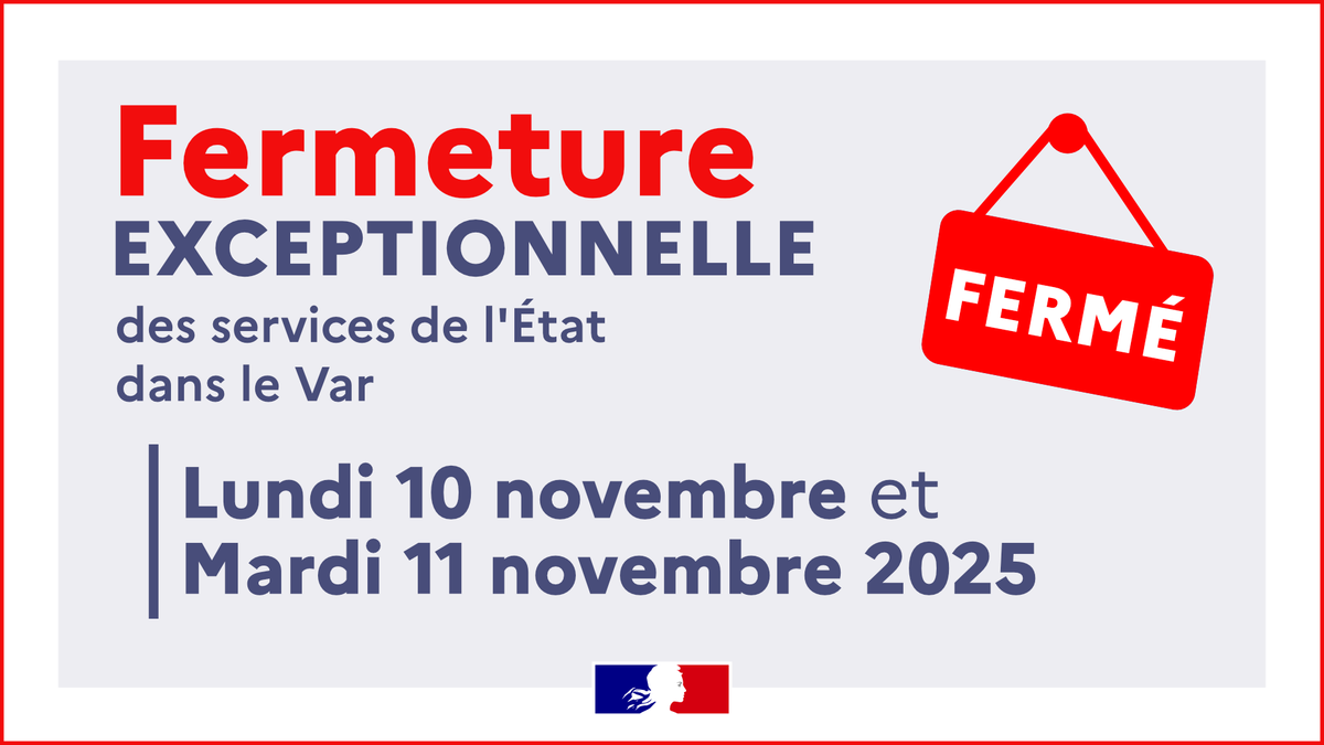Prefet83's tweet image. #Fermeture | 📢  Lundi 10 et Mardi 11 novembre, la préfecture du #Var, les sous-préfectures de Brignoles et de Draguignan, les directions départementales interministérielles et des Finances Publiques seront exceptionnellement fermées au public.
✅ Réouverture de tous les services