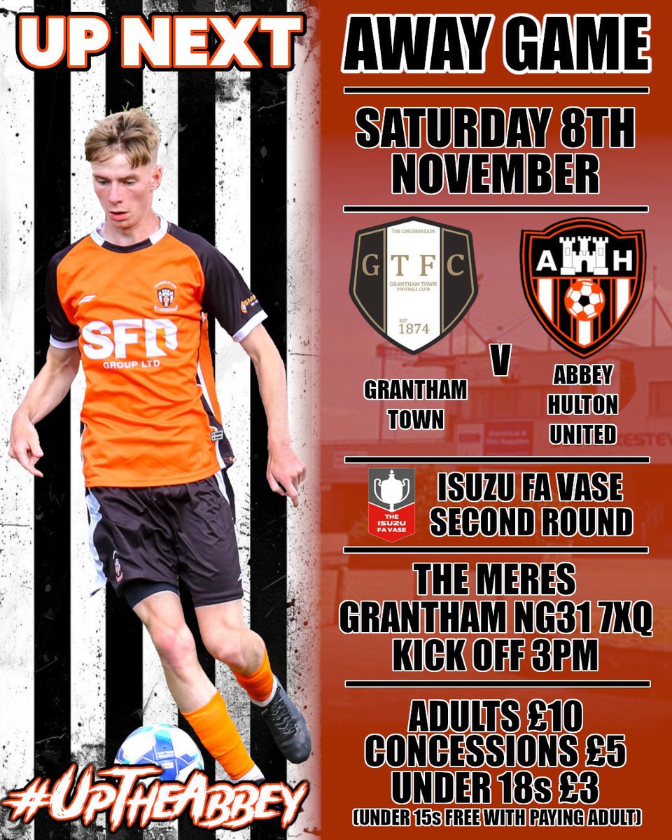 All Aboard 🚌

Tomorrow sees us on the road where we will start our FA Vase journey for this season.

Supporters travelling on the bus, this will be leaving the ground at 10.45am 

🆚 <a href="/granthamtownfc/">Grantham Town FC</a> 
🏟️ The Meres 
🕣 3:00pm Kick Off
🎟️ £10 Adults, £5 Concessions, £3 U18s, U15s