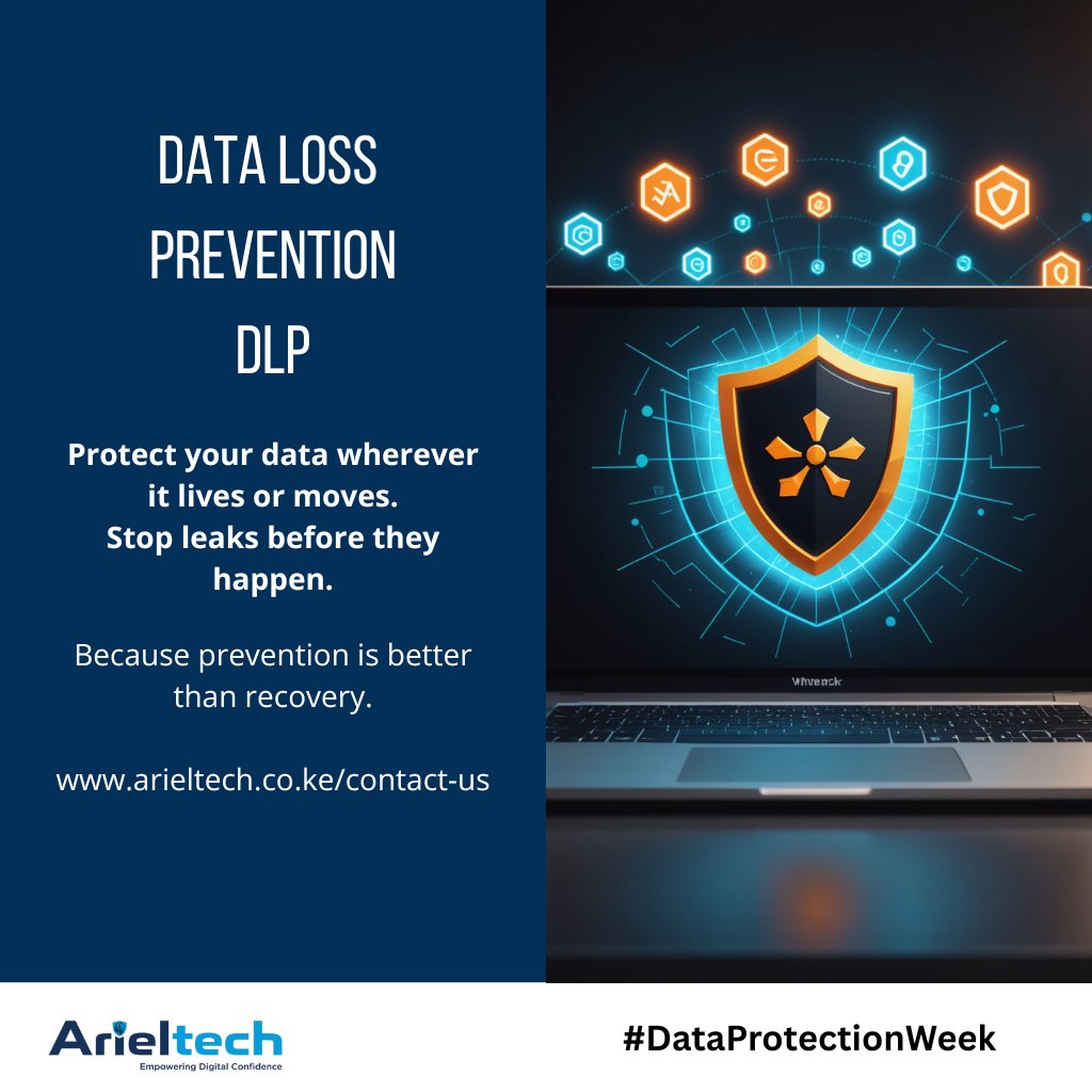 ariel_tech's tweet photo. Data Loss Prevention (DLP), your digital safety net that keeps sensitive information exactly where it belongs!  Whether it’s an email sent to the wrong person, a misplaced USB, or a file uploaded to the wrong cloud folder DLP steps in to stop leaks before they happen.  #arieltech https://t.co/6GCLRQkvvl