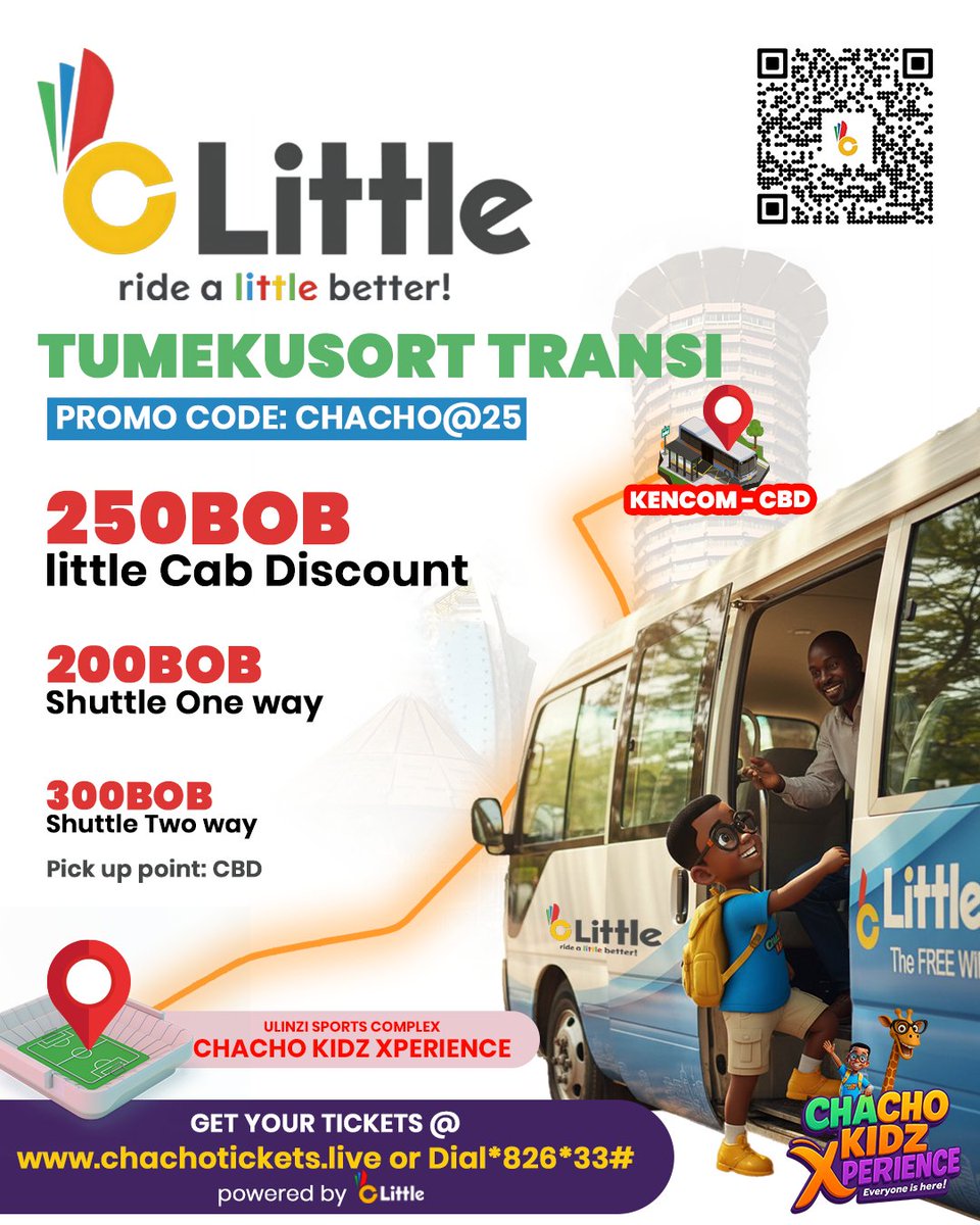 ChachoKidz's tweet photo. Kama unajiuliza jinsi utafika event, skiza.
We've teamed up with @LittleAppKenya as our Official Transport Partner to make your trip super easy and affordable!
Enjoy discounts on Little Cab rides (use promo code: CHACHO@25) or on their Shuttle Service from CBD (Kencom) directly to Ulinzi Sports Complex.
It's all about making sure "#EveryoneIsHere!" comfortably. #ChachoKidzXperience