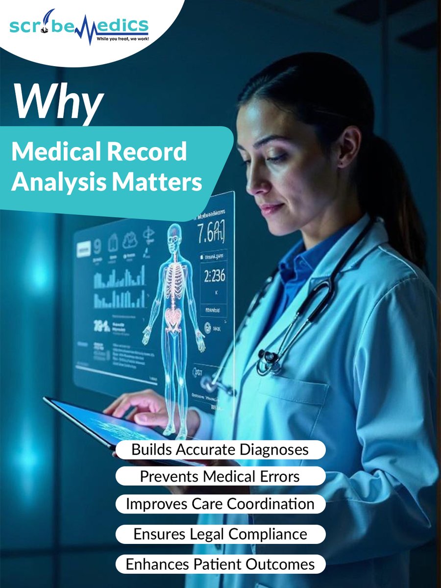 scribemedicsllc's tweet photo. Every record tells a story; the right analysis helps you read it right. 
Accurate diagnoses
Fewer errors
Better coordination
Legal compliance
Improved outcomes
At ScribeMedics, we make record analysis effortless, powered by AI precision &amp; human insight. 

#ScribeMedics https://t.co/jlRmfGUwNe