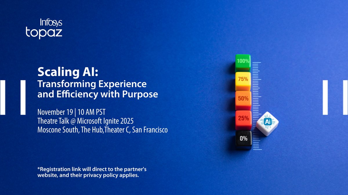 InfosysEvents's tweet image. Join Balakrishna D.R., Infosys, as moderator in a 25-min Theatre Talk with Mark Austin, @ATT, John Maio, @CSX &amp;amp; Piyush Mangalick, Microsoft, on scaling AI for real impact. bit.ly/3WKV9FP

#InfosysAtMicrosoftIgnite2025 #InfosysTopaz #InfosysCobalt
