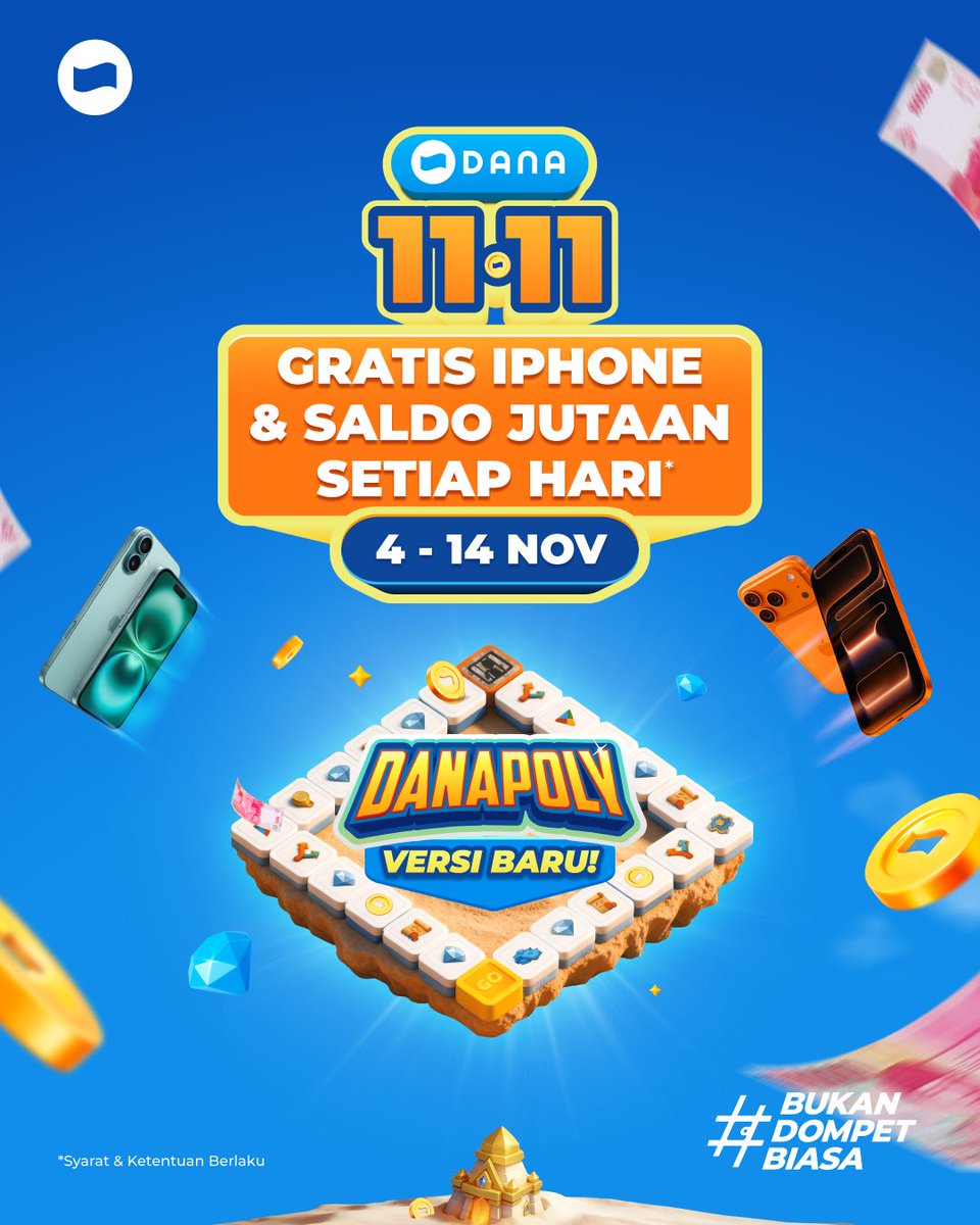 radenrauf's tweet image. BAGI-BAGI iPhone 17 PRO! 😍
Jadi @danawallet lagi bagi-bagi iPhone guys!
RT dan LIKE dulu ya.
Caranya cuma main DANApoly di DANA 11.11, terus upgrade ke premium di Daily Reward biar bisa dapetin diamond lebih banyak &amp;amp; bisa muterin lap sebanyak2nya biar bisa dapetin iPhone 17 PRO!…