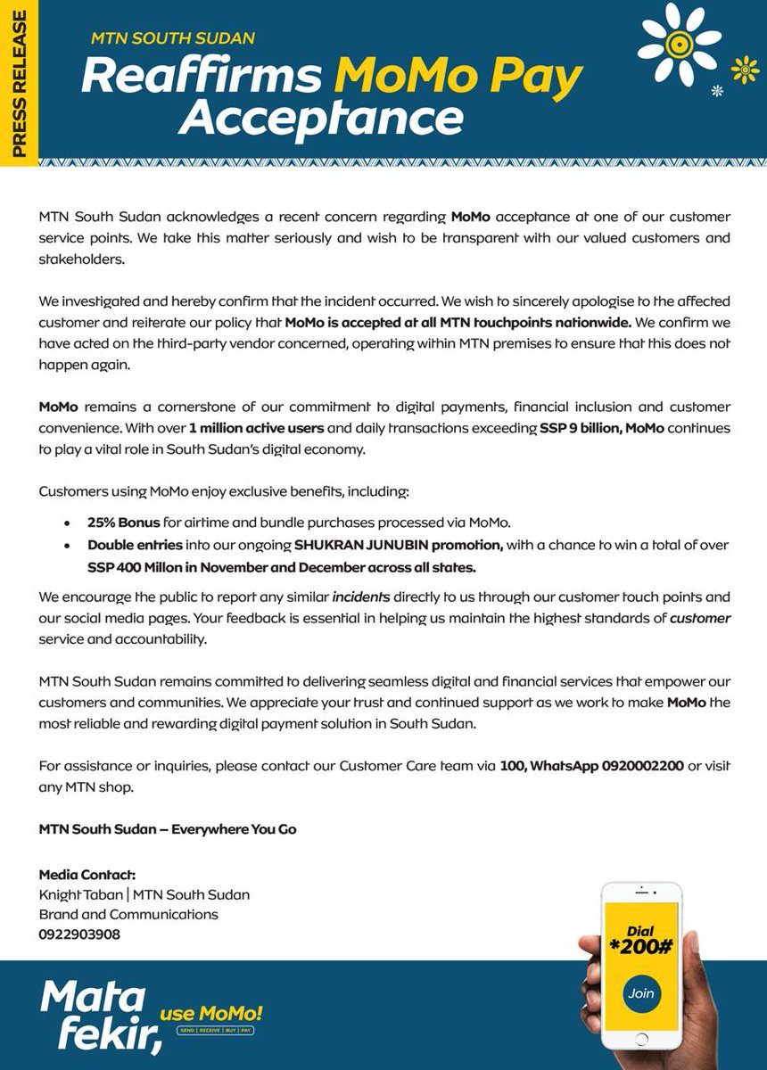 MTNSSD's tweet image. We’ve addressed recent concerns about MoMo acceptance. ✅
MoMo is accepted at ALL MTN touchpoints nationwide.
We apologize for the inconvenience and reaffirm our commitment to digital inclusion.

Read more: mtn.com.ss/newsabout/pres…

#MoMoPay #EverywhereYouGo