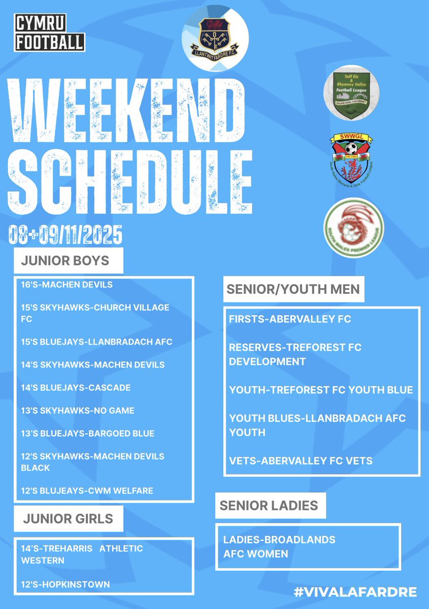 Here is our weekend schedule⬇️

Plenty of games to go and watch! Good luck to everyone🩵🔵

#VivaLaFardre #LlantwitFardreFC #llantwitfardreladiesfc