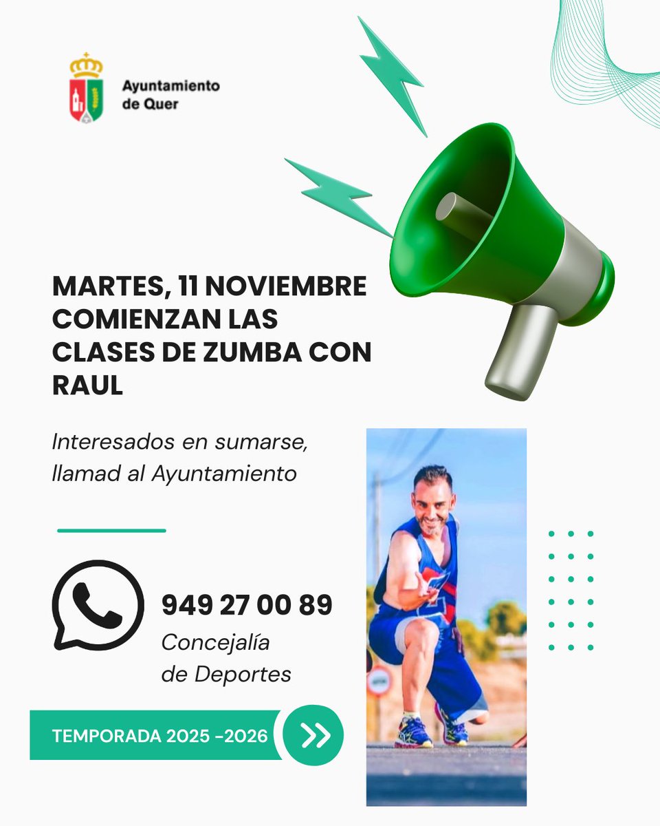 aytoquer's tweet image. 💃 ¡Comienzan las clases de Zumba con Raúl!
📅 Martes y jueves | 🕖 19:00–20:00
📍 Martes en el Centro Cultural
📍 Jueves en el Polideportivo
📞 Info e inscripciones: Ayuntamiento de Quer. 
#Quer #Zumba #Deporte