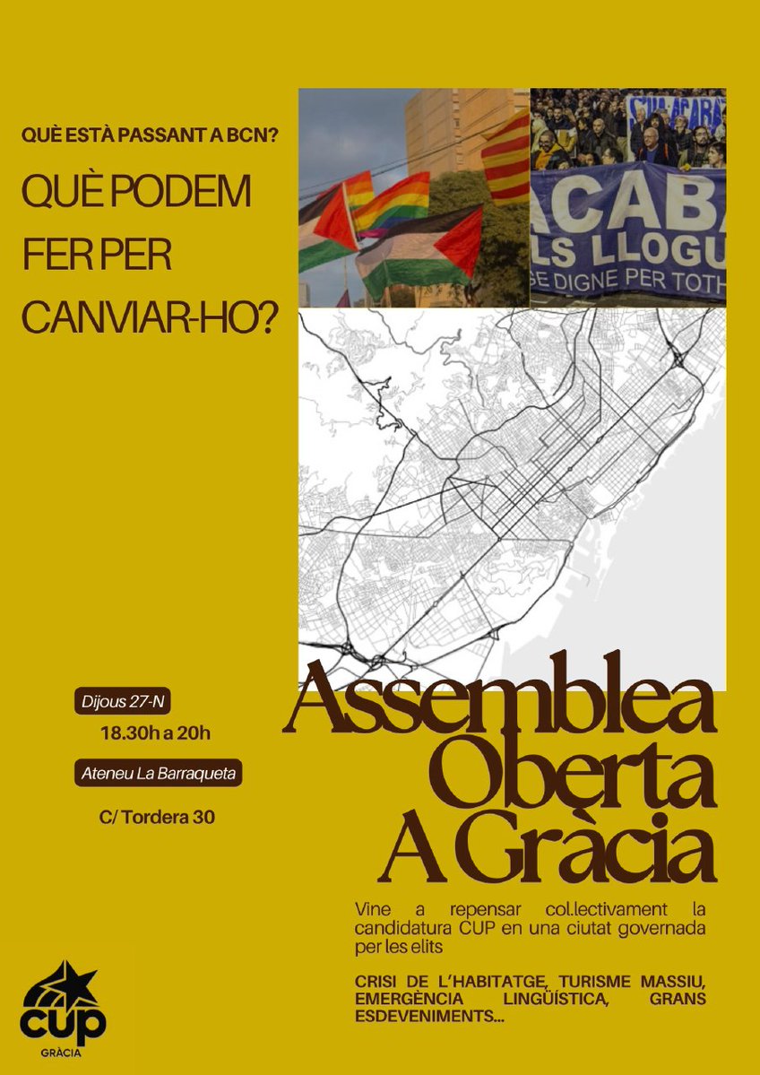 CUPGracia's tweet image. Què està passant a Barcelona? Què podem fer per a canviar-ho? 🤔✊

Convoquem Assemblea Oberta. Volem posar en comú la utilitat, l’articulació i el contingut d’una candidatura municipal per Barcelona. Vine i participa-hi!

📅 Dijous 27 novembre
 🕡 18.30h
📌 Ateneu La Barraqueta