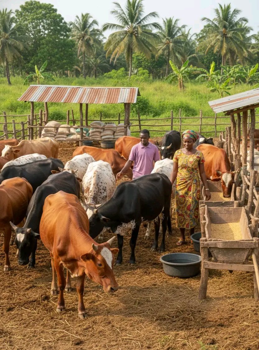 NATURAL REMEDIES FOR COMMON CATTLE AILMENTS

✓ Use with caution. Always consult a vet if symptoms persist.

1. Bloat
- Remedy: Mix 1 cup vegetable oil + 1 cup warm water + 2 tbsp ginger juice
- Use: Drench slowly; helps relieve gas

2. Diarrhea
- Remedy: Boiled guava leaves or