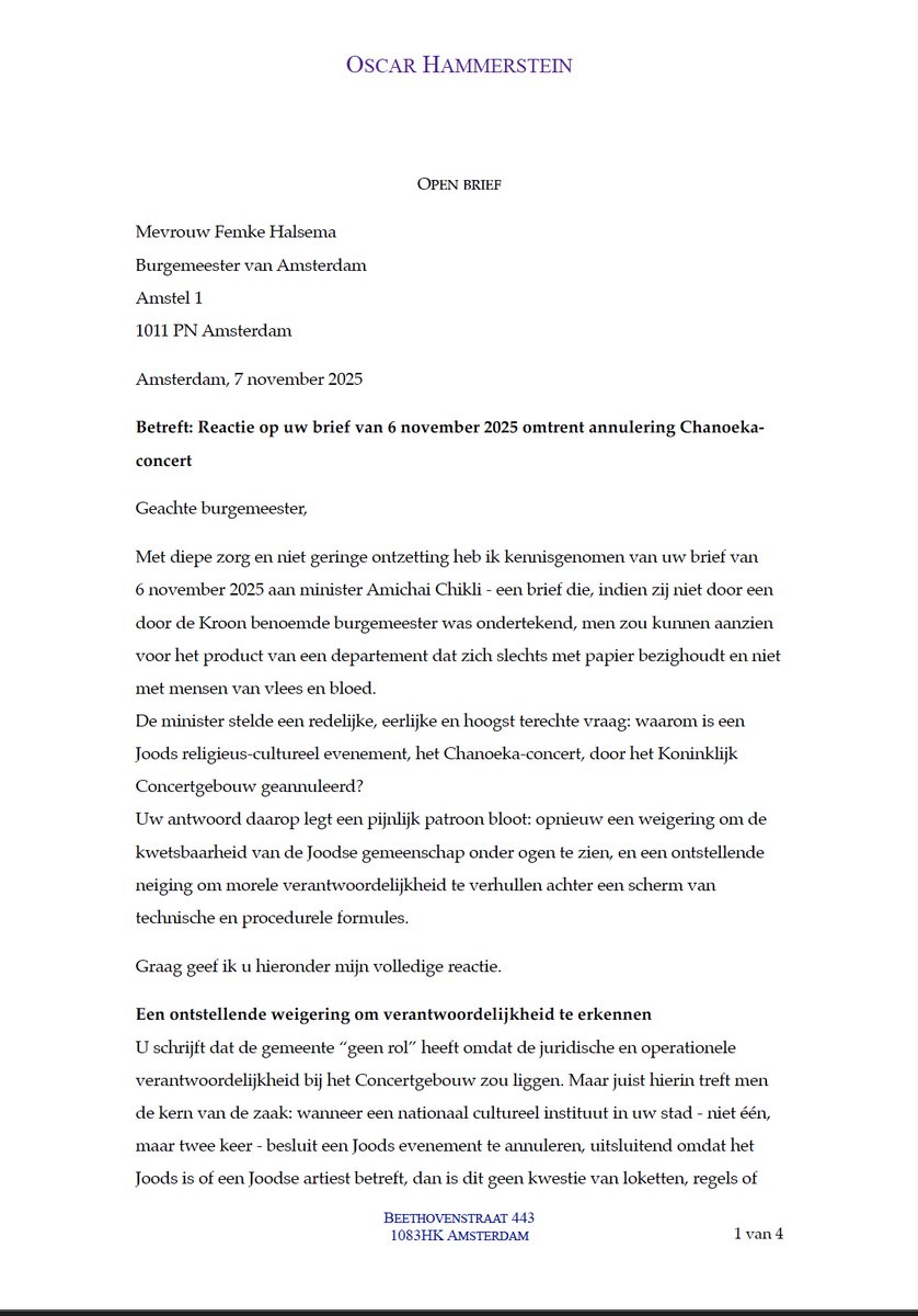 HammersteinO's tweet image. Een stad die 75% van haar Joden verloor, mag nooit opnieuw wegkijken. Het #Concertgebouw weert Joodse artiesten, en burgemeester #halsema  noemt de verwijzing naar die geschiedenis “despicable”.
Zwijgen is geen neutraliteit. Zwijgen is medeplichtigheid.