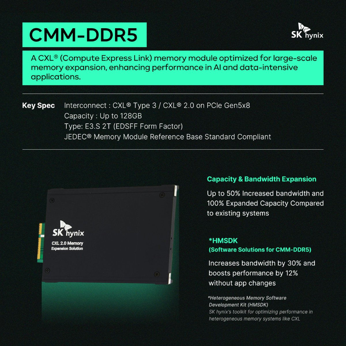 SKhynix's tweet photo. Curious about #CXL?🤔 @SKhynix #CMM scales memory for AI and data-driven systems, powered by CMM-DDR5, CMM-Ax, and Niagara 2.0 to enhance bandwidth, capacity, and system efficiency. Discover what makes CMM different.
#SKhynix #Semiconductor #AI #CMMDDR5 #CMMAx #Niagara20 https://t.co/KDhwRhNNfH